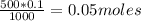 \frac{500*0.1}{1000} =0.05 moles