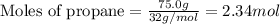 \text{Moles of propane}=\frac{75.0g}{32g/mol}=2.34mol
