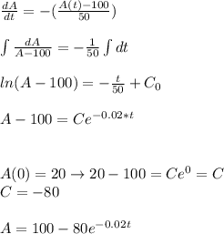 \frac{dA}{dt}= -(\frac{A(t)-100}{50})\\\\\int \frac{dA}{A-100}=-\frac{1}{50}  \int dt\\\\ln(A-100)=-\frac{t}{50}+C_0\\\\ A-100=Ce^{-0.02*t}\\\\\\A(0)=20 \rightarrow 20-100=Ce^0=C\\C=-80\\\\A=100-80e^{-0.02t}