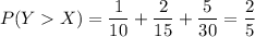 P(YX)=\dfrac1{10}+\dfrac2{15}+\dfrac5{30}=\dfrac25