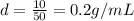 d=\frac{10}{50}=0.2 g/mL