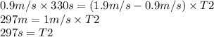 0.9m/s \times 330s=(1.9m/s-0.9m/s) \times T2 \\ 297m = 1m/s \times T2 \\ 297s = T2  \\