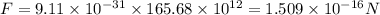 F=9.11\times 10^{-31}\times 165.68\times 10^{12}=1.509\times 10^{-16}N