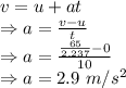 v=u+at\\\Rightarrow a=\frac{v-u}{t}\\\Rightarrow a=\frac{\frac{65}{2.237}-0}{10}\\\Rightarrow a=2.9\ m/s^2