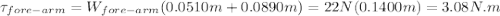 \tau_{fore-arm} = W_{fore-arm} (0.0510m + 0.0890m) = 22N(0.1400m) = 3.08 N.m