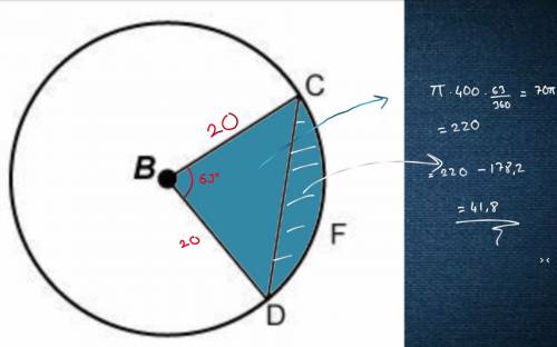 Me asap find the area of segment cfd given the following information:   radius = 20in, area of δcbd