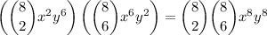 \left(\dbinom82x^2y^6\right)\left(\dbinom86x^6y^2\right)=\dbinom82\dbinom86x^8y^8