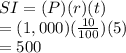 SI = (P) (r) ( t) \\= (1,000) ( \frac{10}{100}) (5)\\ = 500\\