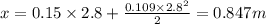 x=0.15\times 2.8+\frac{0.109\times 2.8^2}{2}=0.847 m
