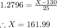 1.2796=\frac{X-130}{25}\\\\\therefore X=161.99