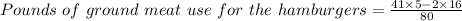 Pounds\ of\ ground\ meat\ use\ for\ the\ hamburgers = \frac{41\times 5 - 2\times 16}{80}