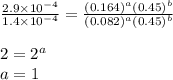 \frac{2.9\times 10^{-4}}{1.4\times 10^{-4}}=\frac{(0.164)^a(0.45)^b}{(0.082)^a(0.45)^b}\\\\2=2^a\\a=1