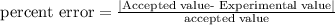 {\text {percent error}=\frac{|\text {Accepted value- Experimental value}|}{\text {accepted value}}