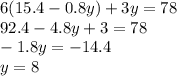 6(15.4-0.8y)+3y=78\\92.4-4.8y+3=78\\-1.8y=-14.4\\y=8