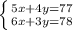 \left \{ {{5x+4y=77 \atop {6x+3y=78}} \right.