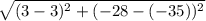 \sqrt{(3-3)^2+(-28-(-35))^2