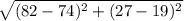 \sqrt{(82-74)^2+(27-19)^2