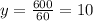 y = \frac{600}{60} = 10