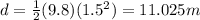 d = \frac{1}{2}(9.8)(1.5^2) = 11.025 m