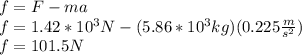 f=F-ma\\f=1.42*10^3N-(5.86*10^3kg)(0.225\frac{m}{s^2})\\f=101.5N