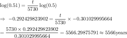 \log(0.51)=\dfrac{t}{5730}\log(0.5)\\\\\Rightarrow\ -0.292429823902=\dfrac{t}{5730}\times-0.301029995664\\\\\Rightarrowt=\dfrac{5730\times0.292429823902}{0.301029995664}=5566.29875791\approx5566\text{years}