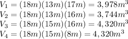 V_1=(18m)(13m)(17m)=3,978m^3\\V_2=(18m)(13m)(16m)=3,744m^3\\V_3=(18m)(15m)(16m)=4,320m^3\\V_4=(18m)(15m)(8m)=4,320m^3