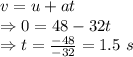 v=u+at\\\Rightarrow 0=48-32t\\\Rightarrow t=\frac{-48}{-32}=1.5\ s