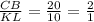 \frac{CB}{KL}=\frac{20}{10}=\frac{2}{1}