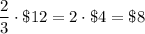 \dfrac{2}{3}\cdot\$12=2\cdot\$4=\$8