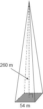 Abuilding is in the shape of a square pyramid. each side of the base is 54 meters long and the heigh