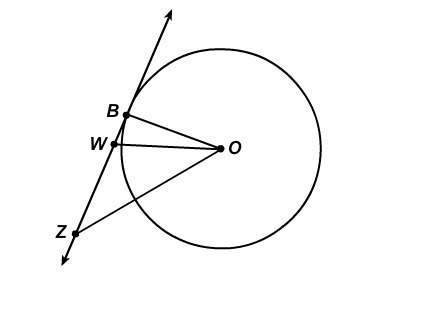 Wz←→− is tangent to circle o at point b. what is the measure of ∠obz? 80º 90º 160º 180º