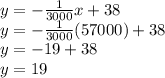 y= -\frac{1}{3000}x + 38\\y= -\frac{1}{3000}(57000) + 38\\y= -19 + 38\\y=19