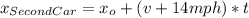 x_{SecondCar}=x_o+(v+14mph)*t