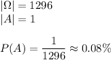 |\Omega|=1296\\&#10;|A|=1\\\\&#10;P(A)=\dfrac{1}{1296}\approx0.08\%