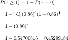 P(x\geq1)=1-P(x=0)\\\\=1-^4C_0(0.86)^0(1-0.86)^{4}\\\\=1-(0.86)^4\\\\=1-0.54700816=0.45299184