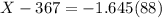 X - 367 = -1.645(88)