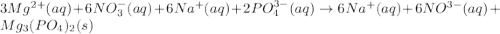 3Mg^{2+}(aq)+6NO_3^{-}(aq)+6Na^+(aq)+2PO_4^{3-}(aq)\rightarrow 6Na^+(aq)+6NO^{3-}(aq)+Mg_3(PO_4)_2(s)