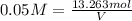 0.05M=\frac{13.263 mol}{V}