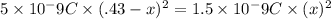 5\times 10^-9C \times (.43-x)^2=1.5\times 10^-9C\times (x)^2