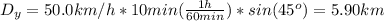 D_y=50.0km/h*10min(\frac{1h}{60min})*sin(45^o)=5.90km