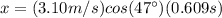 x=(3.10 m/s)cos(47\°)(0.609 s)