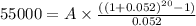 55000 = A\times\frac{((1 + 0.052)^{20} - 1)}{0.052}