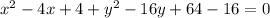 x^2-4x+4+y^2-16y+64-16=0