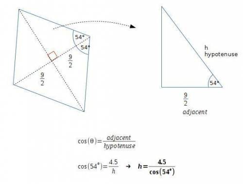 One angle of a rhombus is 108 degrees and the shorter diagonal is 9 inches long. how long is the sid