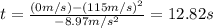 t=\frac{(0m/s)-(115m/s)^2}{-8.97m/s^2}=12.82s