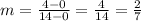 m=\frac{4-0}{14-0}=\frac{4}{14}=\frac{2}{7}