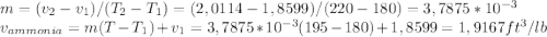 m=(v_{2}-v_{1})/(T_{2}-T_{1})=(2,0114-1,8599)/(220-180)=3,7875*10^{-3}\\ v_{ammonia}=m(T-T_{1})+v_{1}=3,7875*10^{-3}(195-180)+1,8599=1,9167ft^{3}/lb