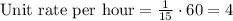 \text{Unit rate per hour} = \frac{1}{15} \cdot 60 = 4