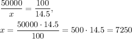 \dfrac{50000}{x} =\dfrac{100}{14.5} ,\\\\ x=\dfrac{50000\cdot 14.5}{100}=500\cdot 14.5=7250