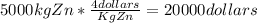 5000 kg Zn *\frac{4dollars}{Kg Zn} =20000 dollars